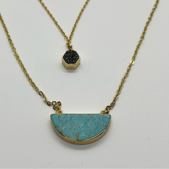 Dainty Delicate Double Strand ￼Turquoise and Drusy Stone Gold Tone BOHO Necklace - Picture 4 of 6